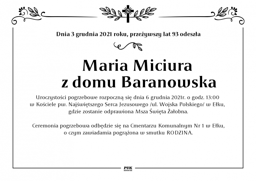 Maria Miciura z domu Baranowska - nekrolog